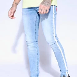 11 Degrees Side Print Stripe Jeans Skinny Fit – Mid Blue Wash