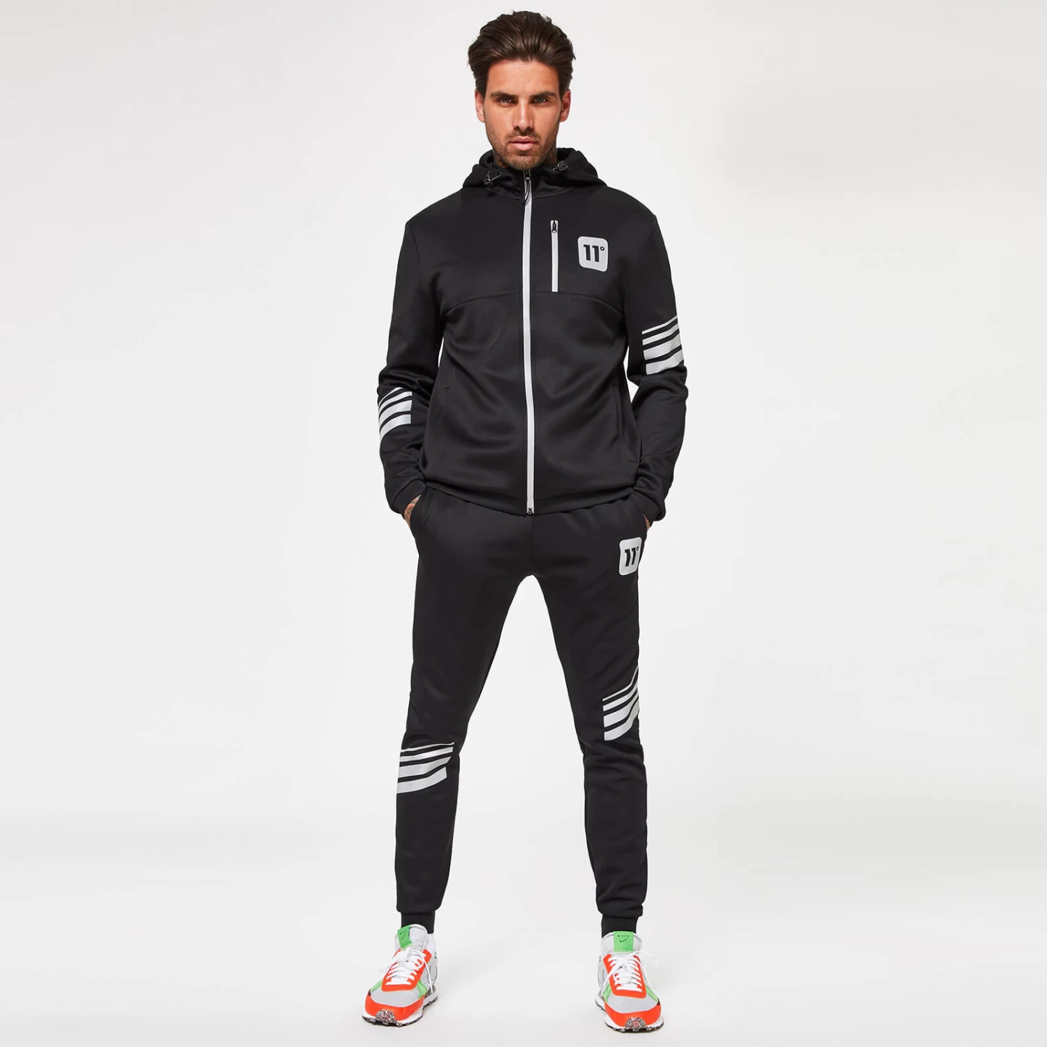 11 Degrees Men's Stripe Print Track Top With Hood - Black/Silver Reflective 3 11 Degrees Men's Stripe Print Track Top With Hood - Black/Silver Reflective - Image 3