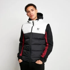 11 Degrees Panelled Block Puffer Gilet With Hood – Black/White