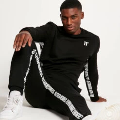 Text Panel Cut And Sew Regular Fit Joggers – Black