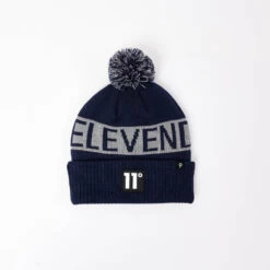 11 Degrees Store 34 11 Degrees Fleece Lined Graphic POM Beanie - True Navy / Golf Grey