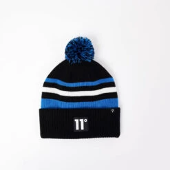 11 Degrees Fleece Lined Knitted Stripe POM Beanie - Black / Surf Blue /