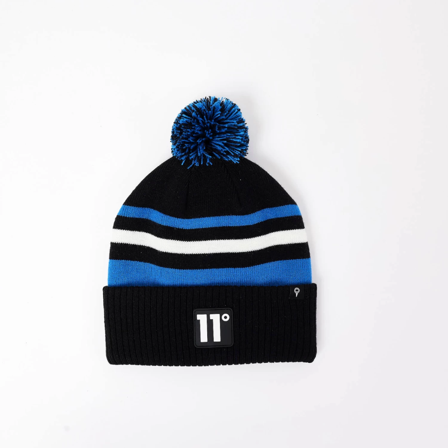 11 Degrees Fleece Lined Knitted Stripe POM Beanie - Black / Surf Blue / 1 11 Degrees Fleece Lined Knitted Stripe POM Beanie - Black / Surf Blue /