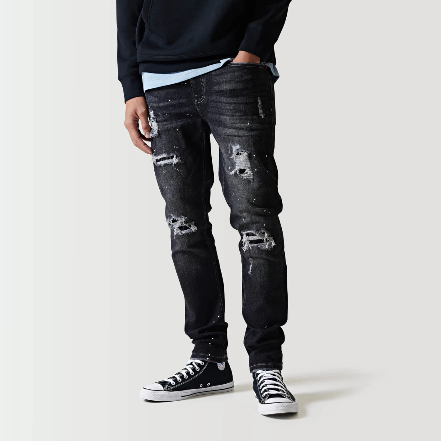 11 Degrees Sustainable Distressed Slim Tapered Jeans - Charcoal 1 11 Degrees Sustainable Distressed Slim Tapered Jeans - Charcoal