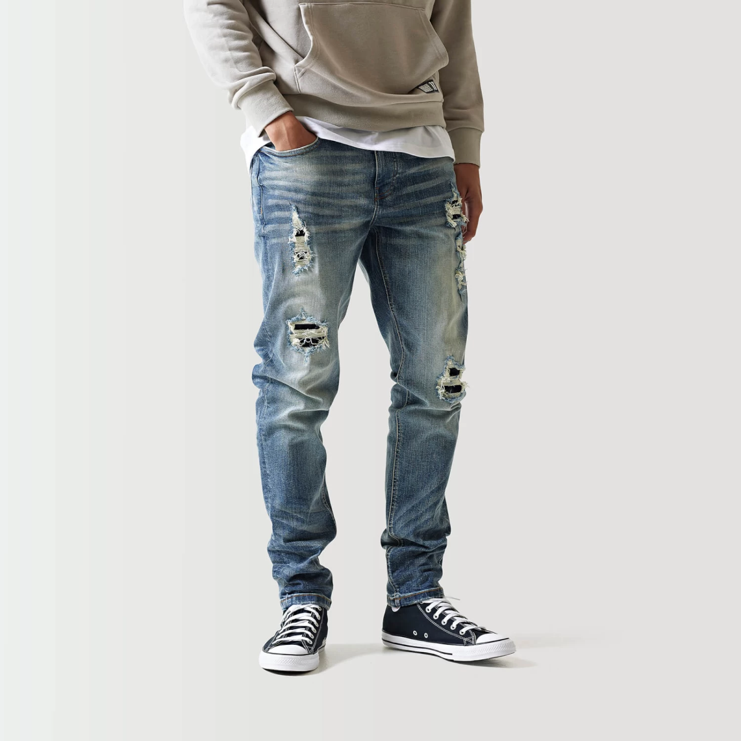 11 Degrees Sustainable Premium Ripped Jeans - Mid Blue Slub 3 11 Degrees Sustainable Premium Ripped Jeans - Mid Blue Slub - Image 3