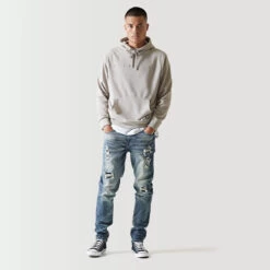 11 Degrees Sustainable Premium Ripped Jeans - Mid Blue Slub