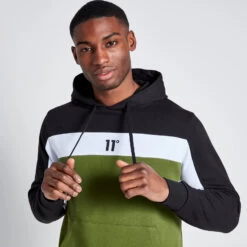 11 Degrees Cut And Sew Panelled Hoodie - Black / Darkest Spruce Green / White -11 Degrees Store 14875049 2135083846315665