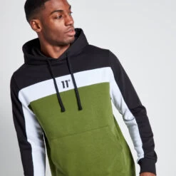 11 Degrees Cut And Sew Panelled Hoodie - Black / Darkest Spruce Green / White -11 Degrees Store 14875049 5465073474207099
