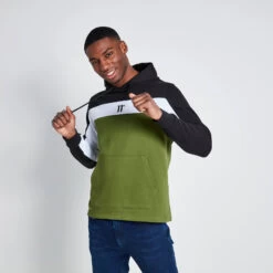 11 Degrees Cut And Sew Panelled Hoodie - Black / Darkest Spruce Green / White