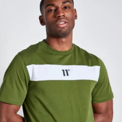 11 Degrees Cut And Sew Panelled T-Shirt - Darkest Spruce Green / White -11 Degrees Store 14875065 9535083846731264