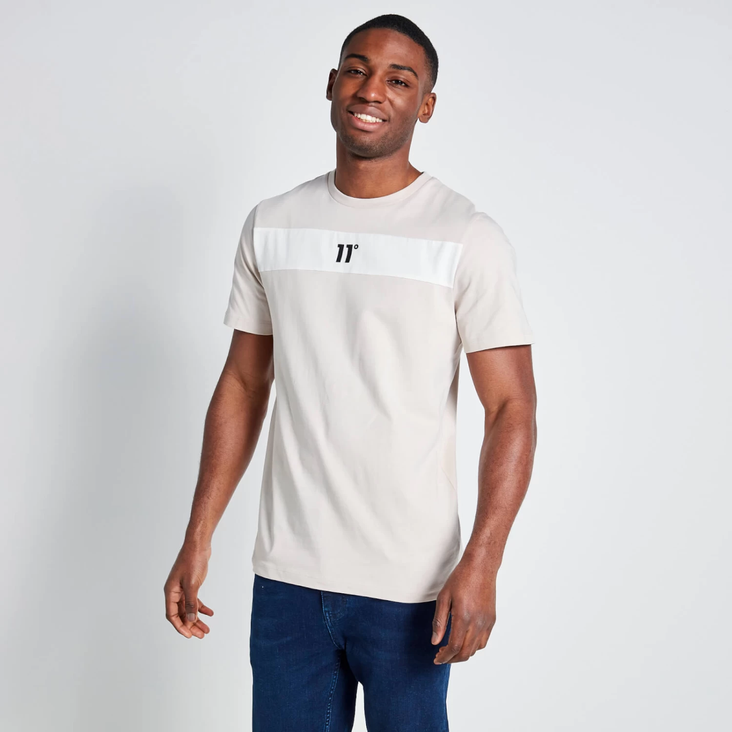 11 Degrees Cut And Sew Panelled T-Shirt - Stone / Coconut White 2 11 Degrees Cut And Sew Panelled T-Shirt - Stone / Coconut White - Image 2